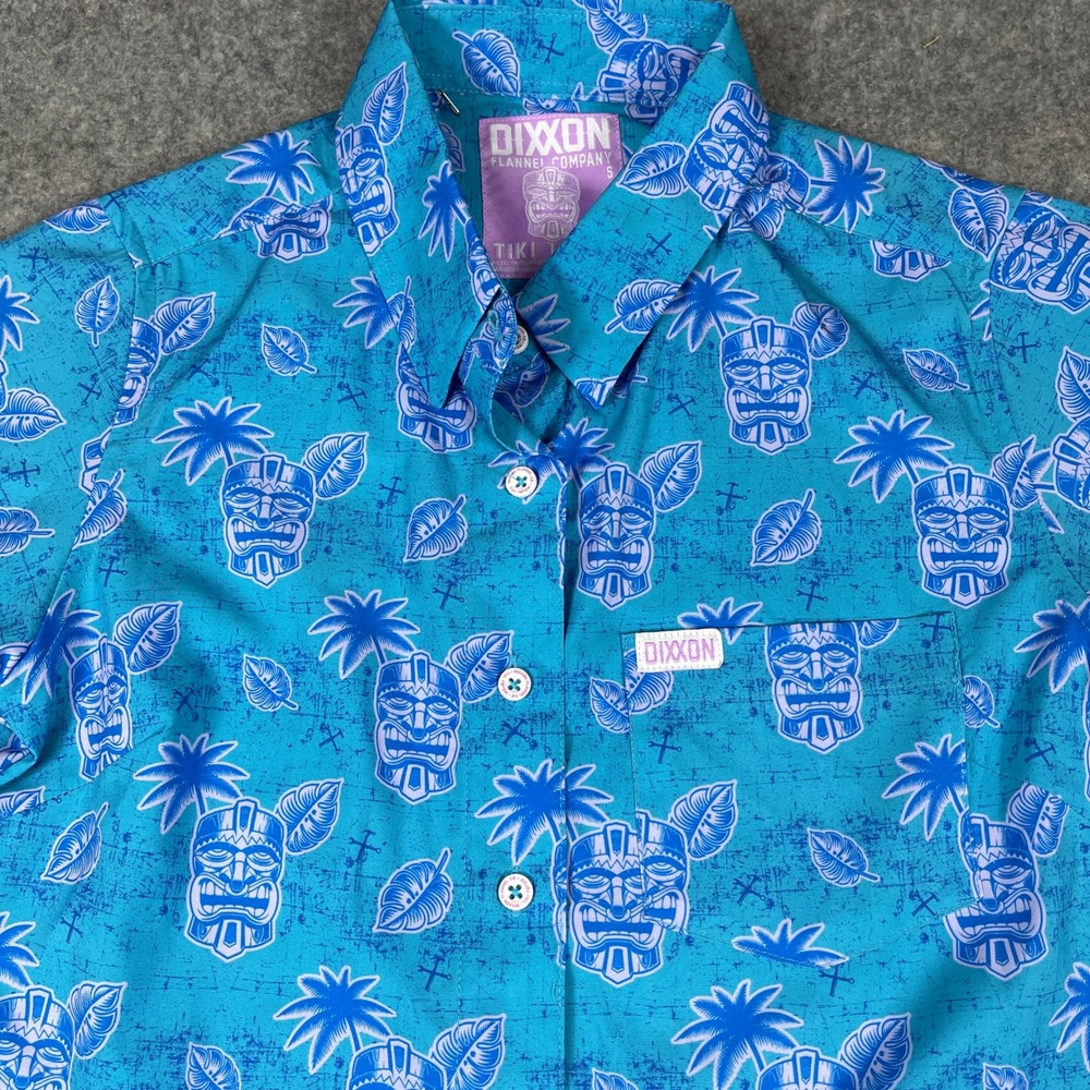 Dixxon Flannel Co Tiki Totem Blue Short Sleeve Button Down Shirt Mens Small